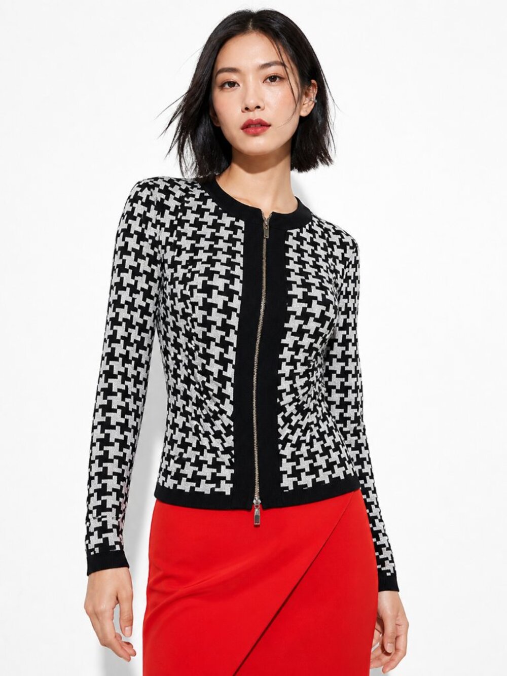 Joseph Ribkoff Black White Geometric Zip Jacket Size 4 Mod Retro Statement